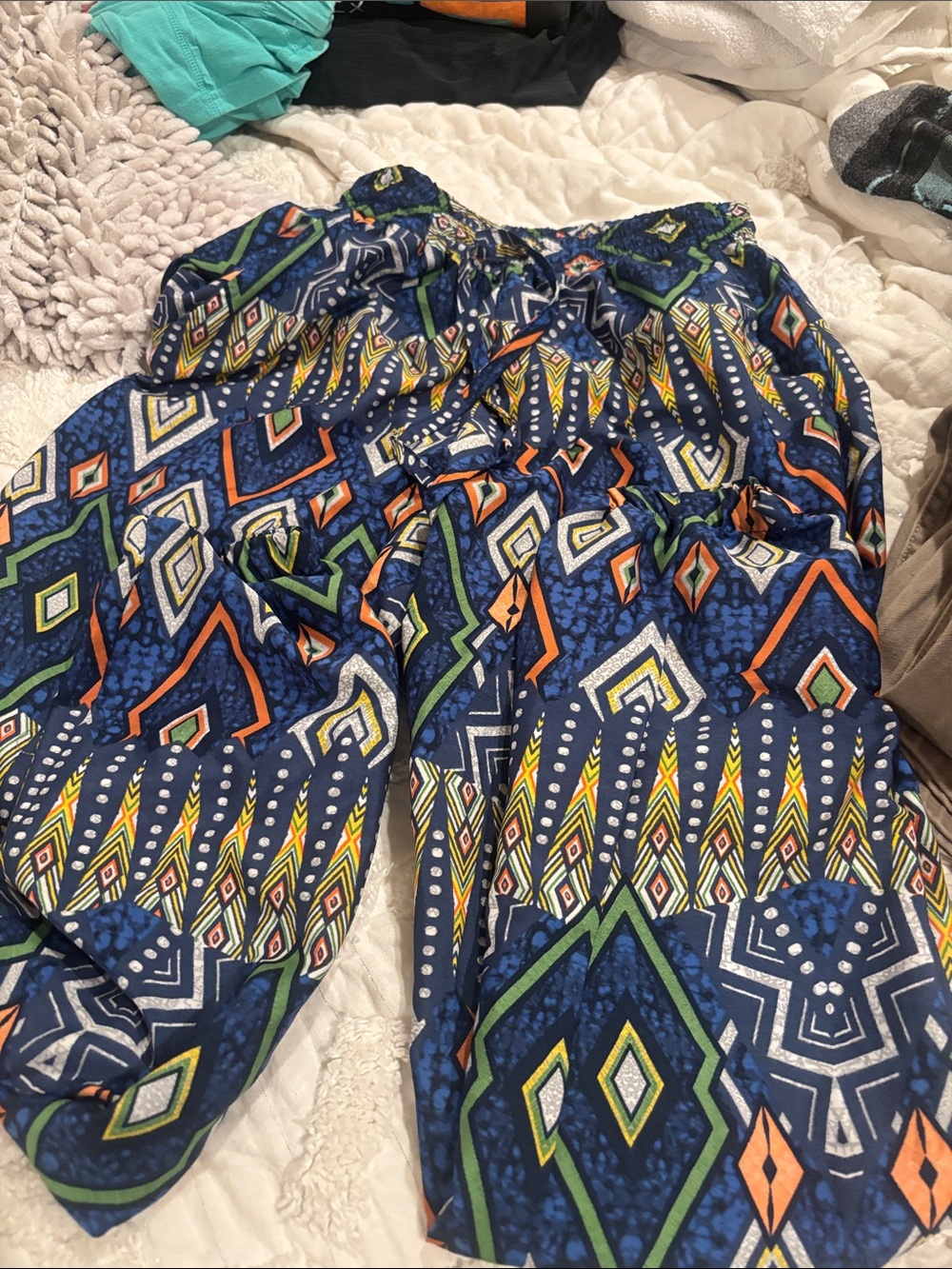 Geometric Print Navy Skinny Pants with Elastic Waist